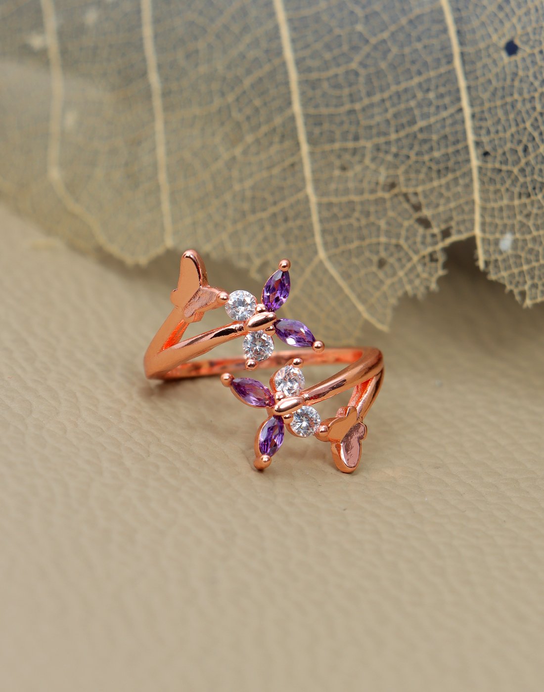 Elegant Rose Gold Purple Crystal Butterfly Ring image 1