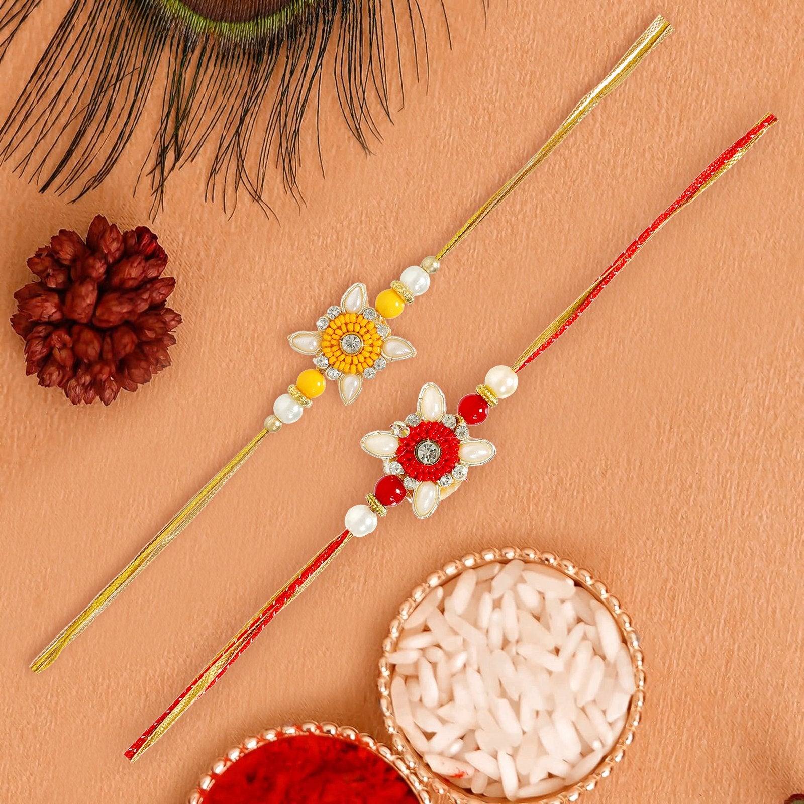 Set of 2 Pearl Bedaed Floral Combo Rakhi Set For Brother image 0