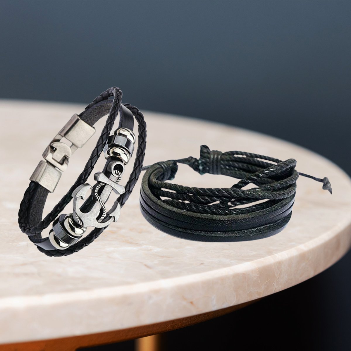 Men's Leather Multistrand Silver-Plated Black Bracelet Combos (Pack of 2) image 0