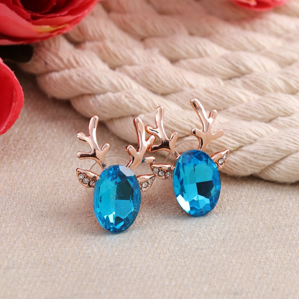 Gold-Plated Blue Crystal Dear Shape Studs Earrings image 0