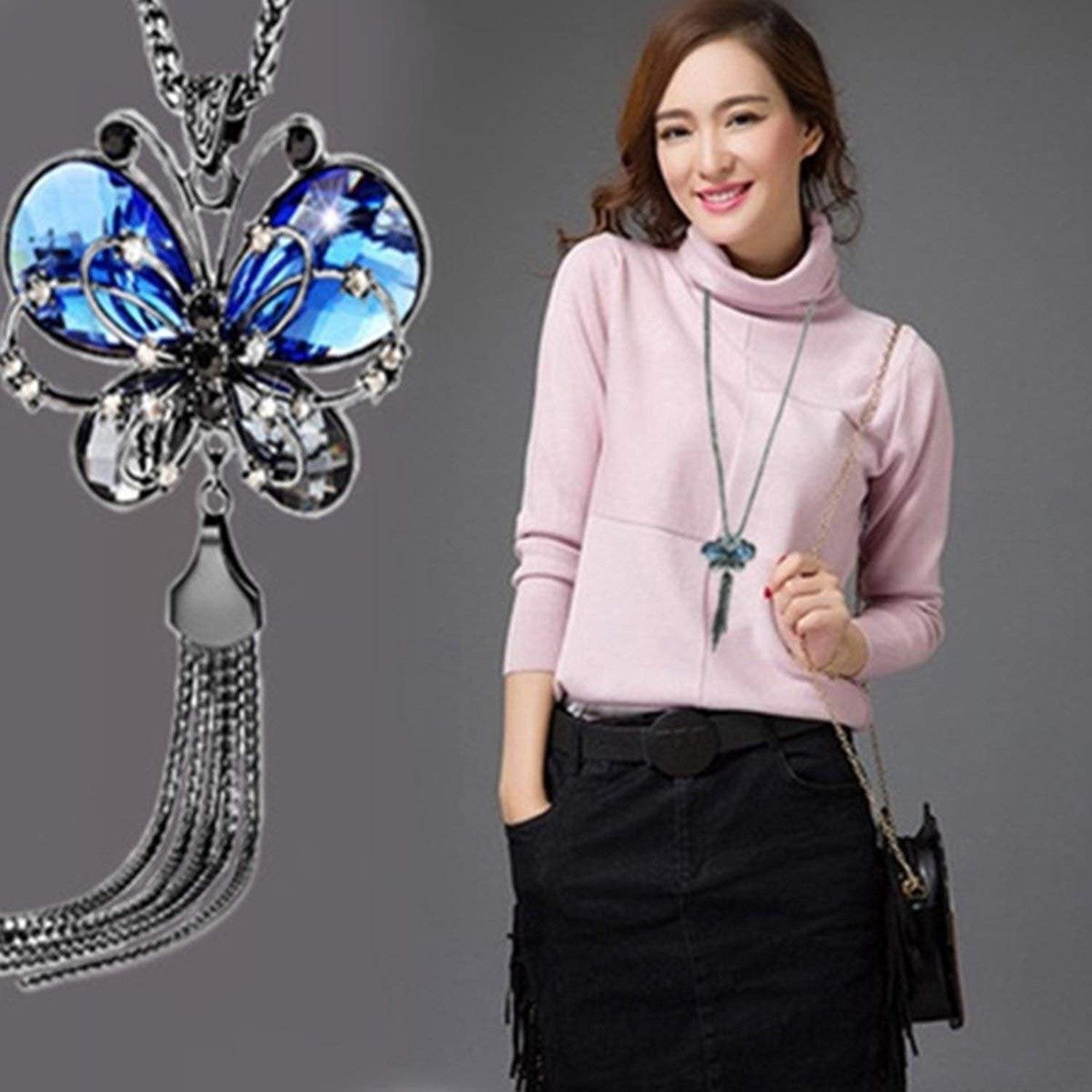 Silver-Plated Blue Crystal Stud Long Tassel Butterfly Pendant Necklace image 3