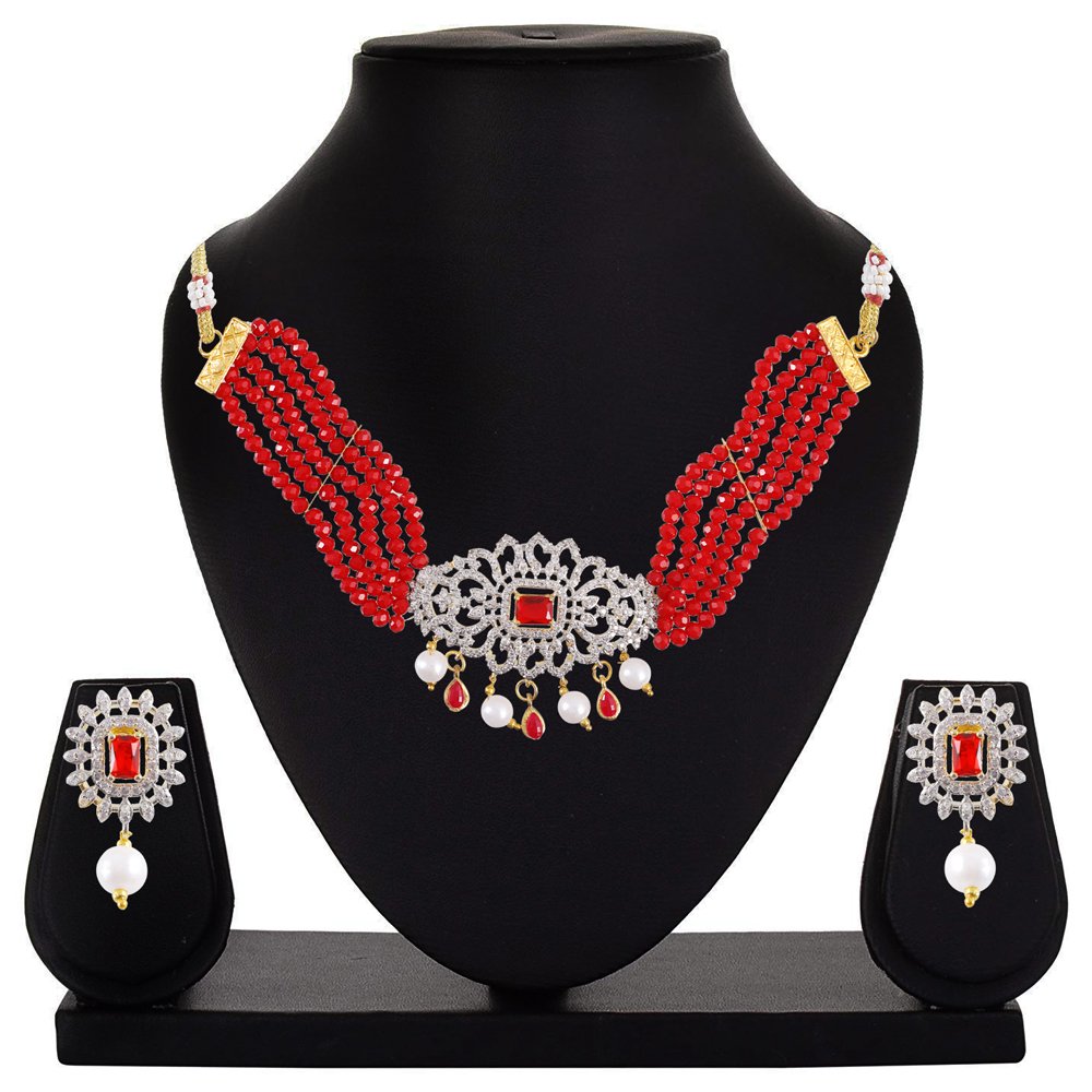 Women's Gold-Plated Red AD-Studded Beaded Multilayer Choker Jewellery Set image 3