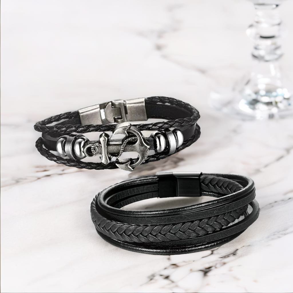 2 PCs Combo - Anchor Rope & Black Leather Magnetic Clasp Bracelet Set image 0