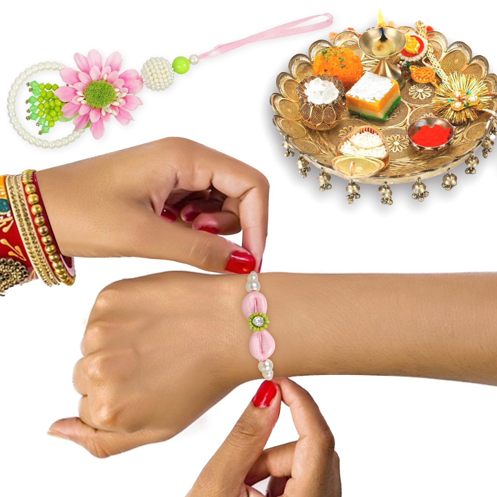 Set Of 2 Handcrafted Floral Beaded Bhaiya Bhabhi Rakhi image 5