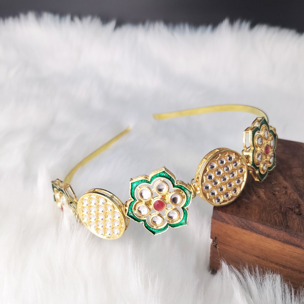 Kundan-Meenakari Floral Hairband Perfect Combo Set with Free Brooch Gift (Pack of -3 ) image 6