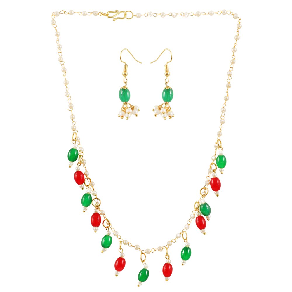 Gold-Plated Red & Green Pearl Beads Chain Jewellery Set image 3