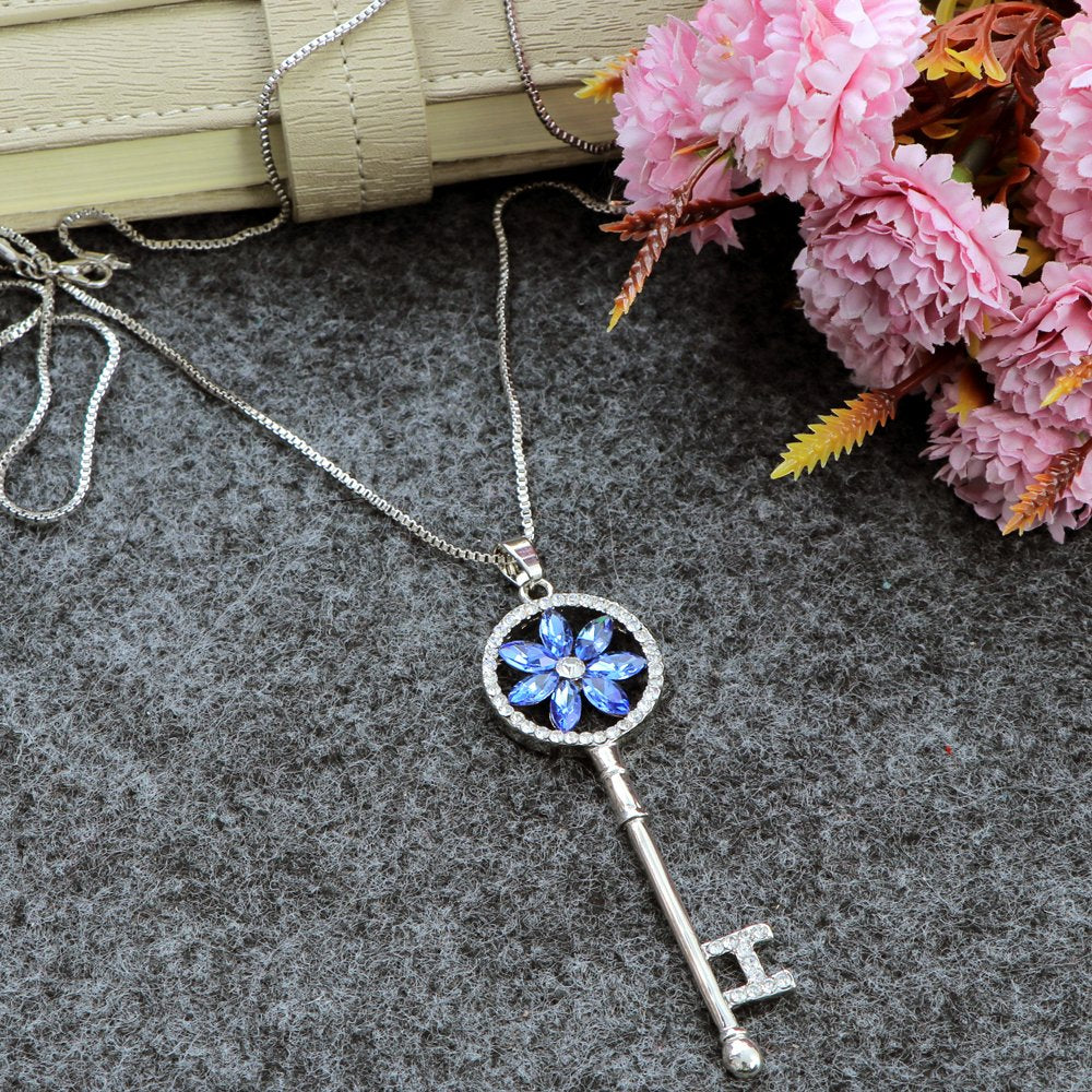 Silver-Plated Blue Crystal Stud Key Chain Pendant Necklace For Women/Girl's image 0