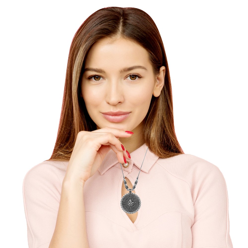 Oxidised Silver Long Ganesh Pendant Necklace image 1