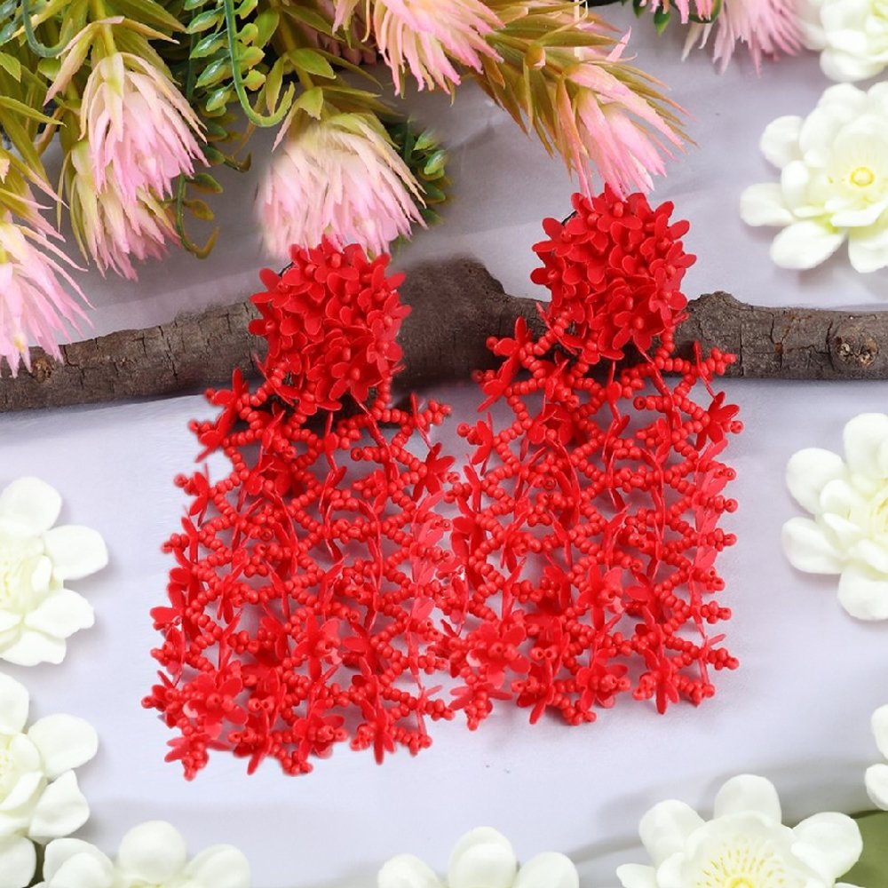 Red Beaded Floral Classic Tassel Earrings image 2