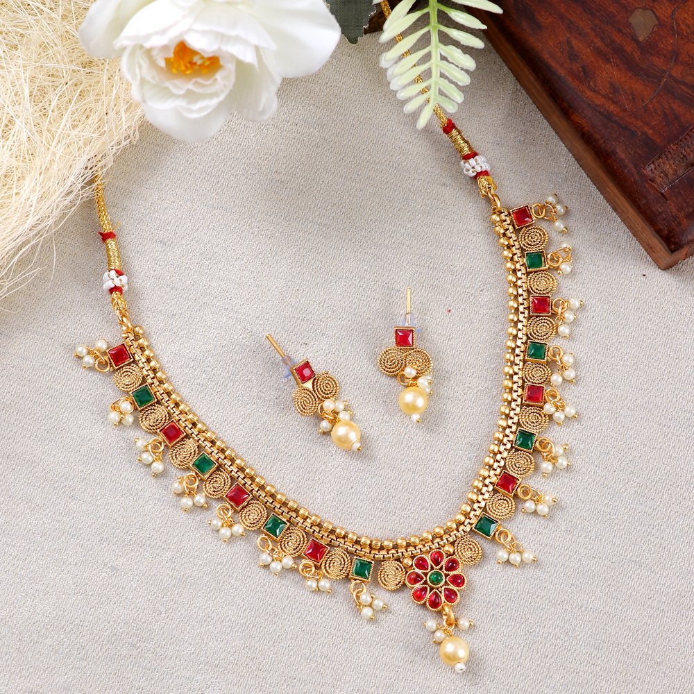 Gold Plated Red & Green Stone Pearl Beaded Jewellery Set image 2