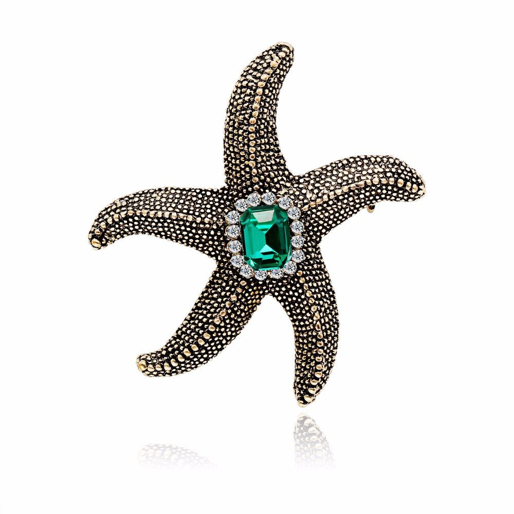 Oxidised Gold Green Crystal Star Fish Brooch image 4