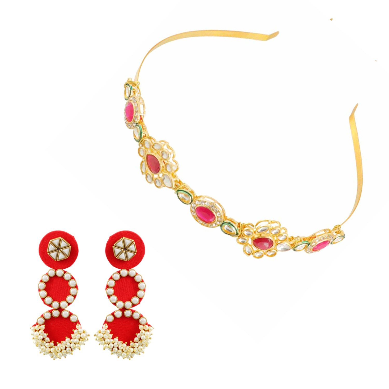 Ethnic Kundan/Pearl Mathapatti Hairband and Earrings Set image 3