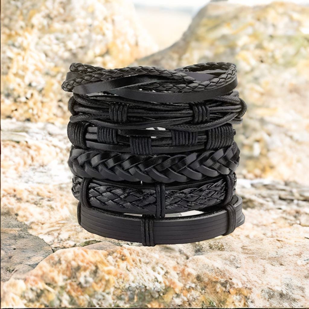 Black Leather Beaded Cuff Bracelets (Set of 6) image 4