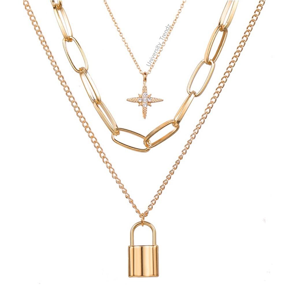 Gold-Plated Multilayer Star Lock Pendant Necklace For Women/Girl's image 4