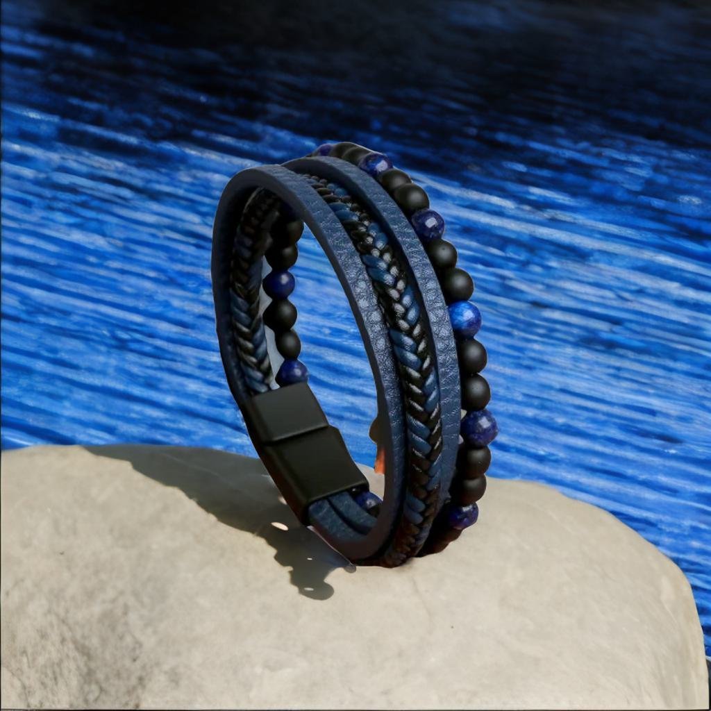 Bold Blue Leather Bracelet Black Beads for Men image 5