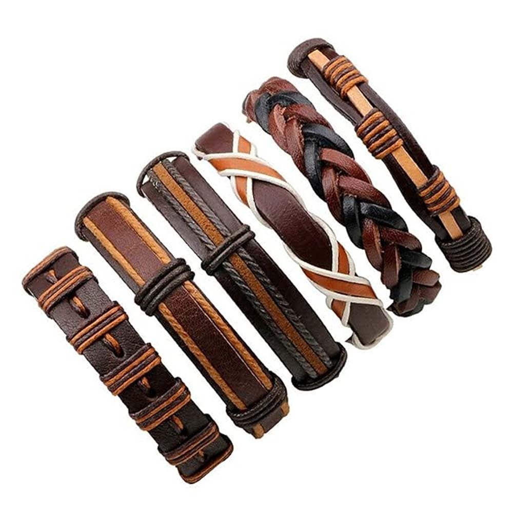 Brown Multi-String Leather Bracelet Set (Pack of 6) image 0