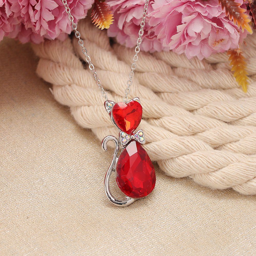 Silver-Plated Red Crystal Cat Pendant Necklace image 0