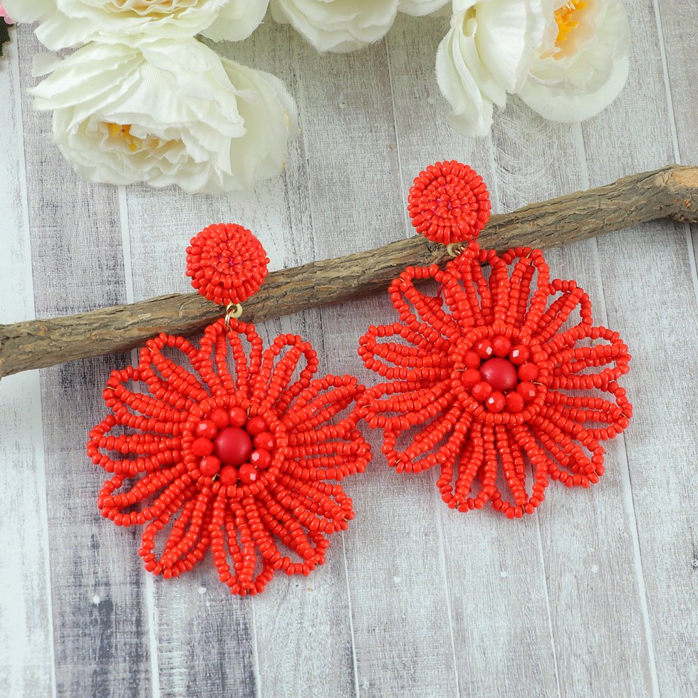 Handcrafted Red Beaded Flower Earrings image 3