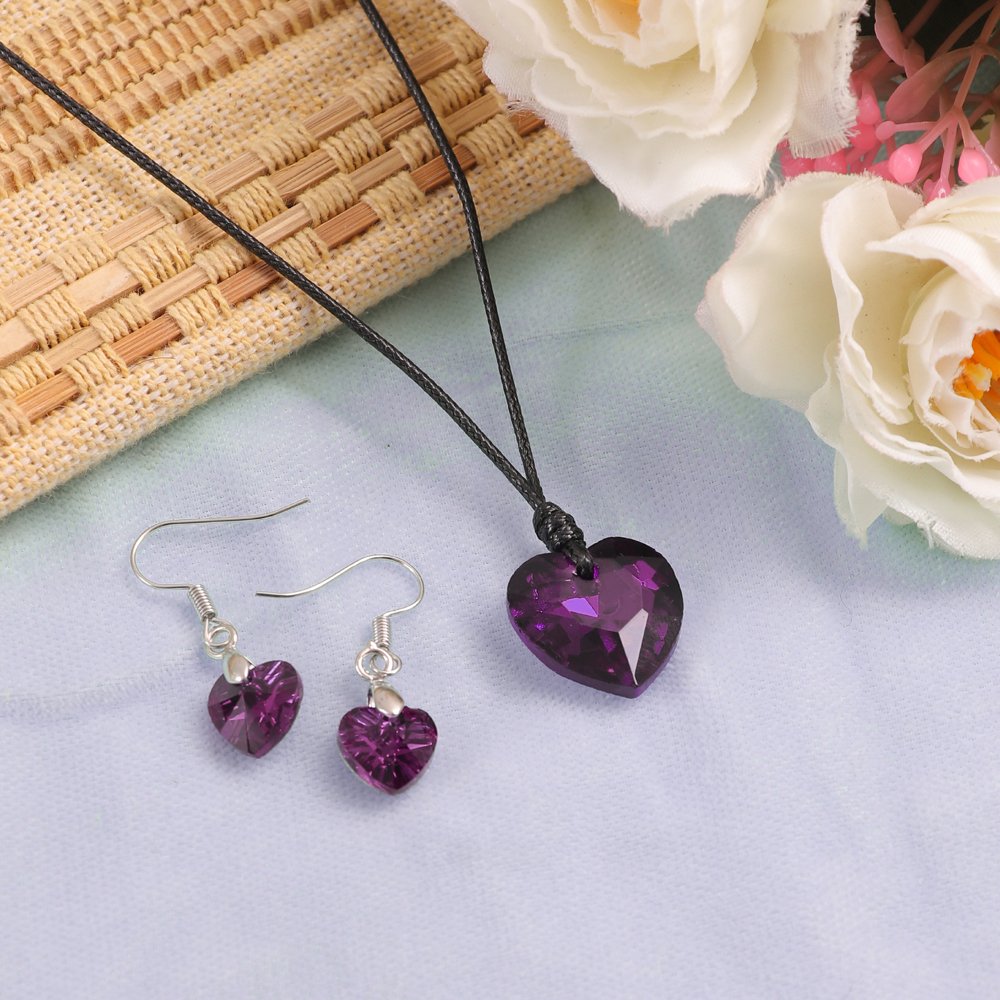 Purple Crystal Heart Pendant Necklace and Earrings Set image 2