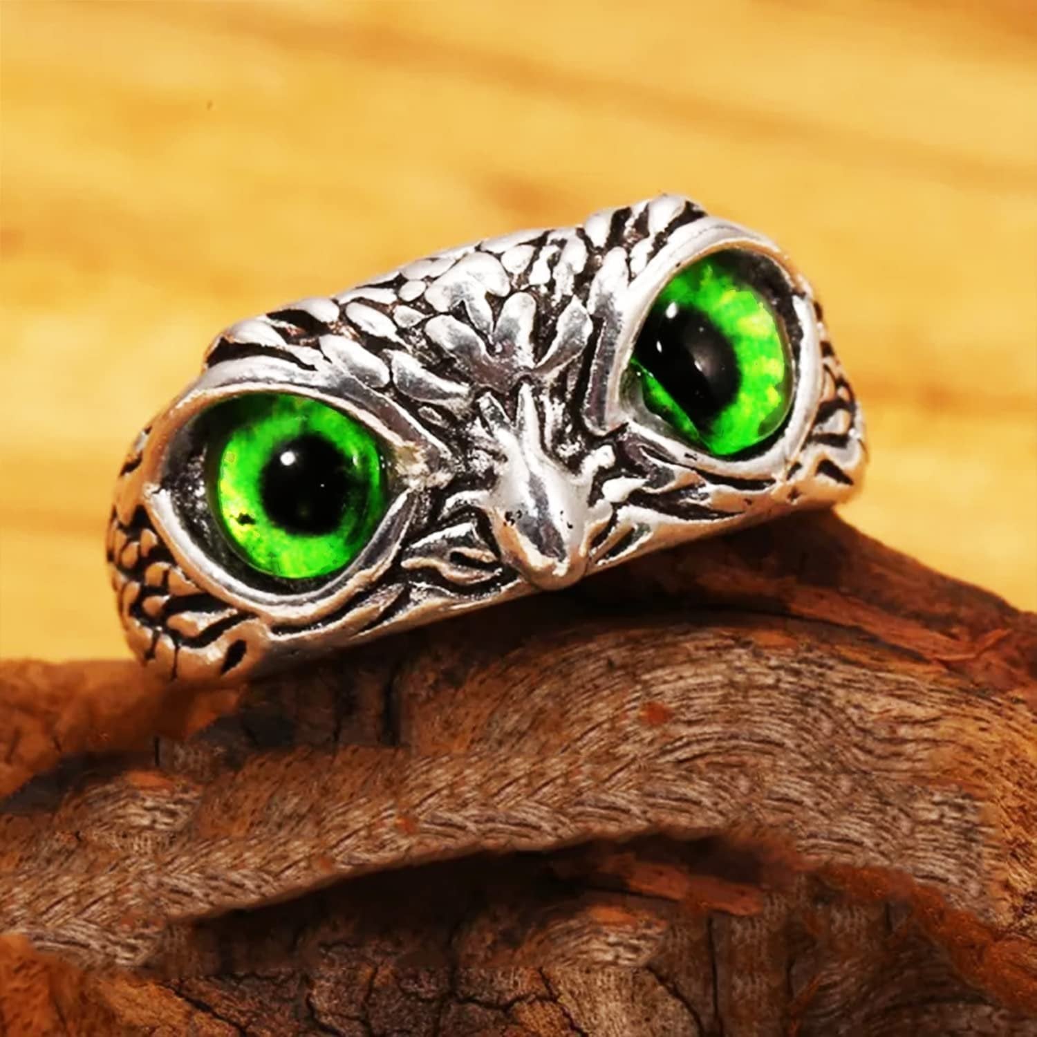 Oxidised Silver Owl Ring Green Cat Eyes Adjustable Finger Ring image 1