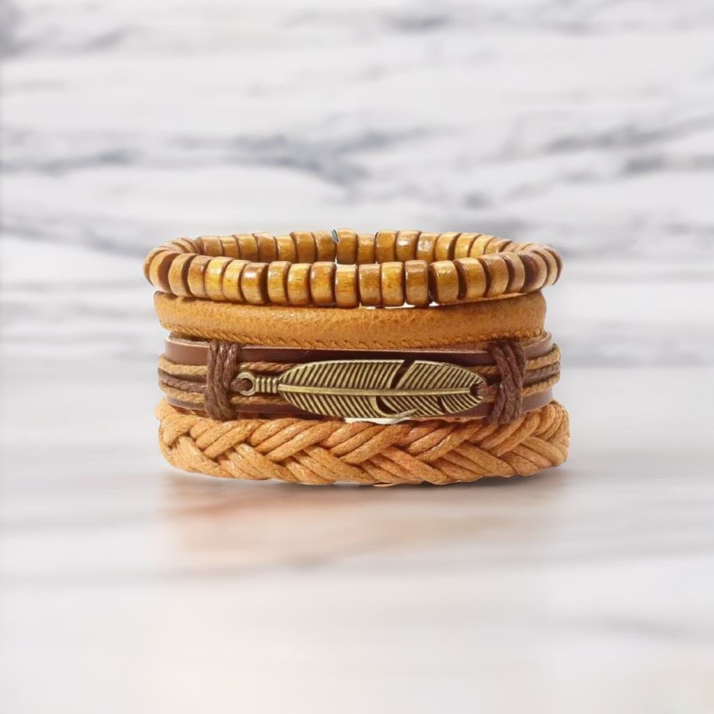 Bohemian Style Oxidized Silver Leaf Multistring Brown Wrap Bracelet For Men image 0