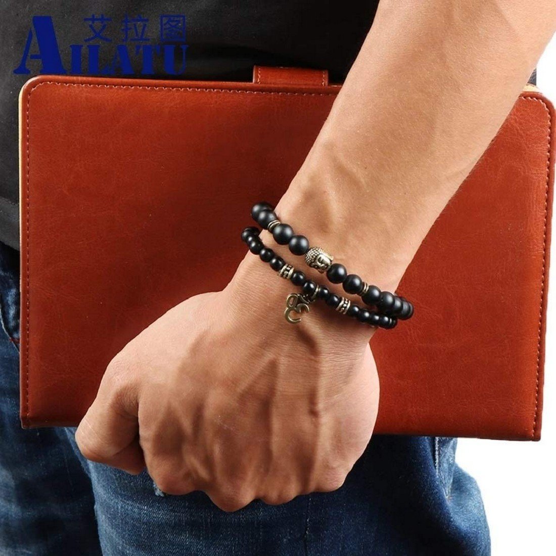 2 Piece Black Beads Buddha and Om Matte Bracelet image 2