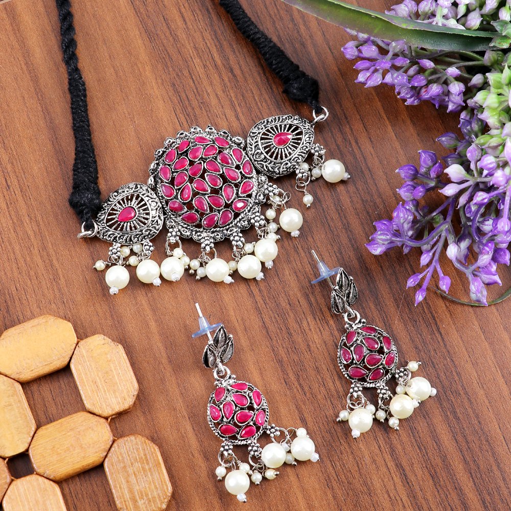 Oxidised Silver Pink Stone Pearl Beaded Jewellery Set image 4