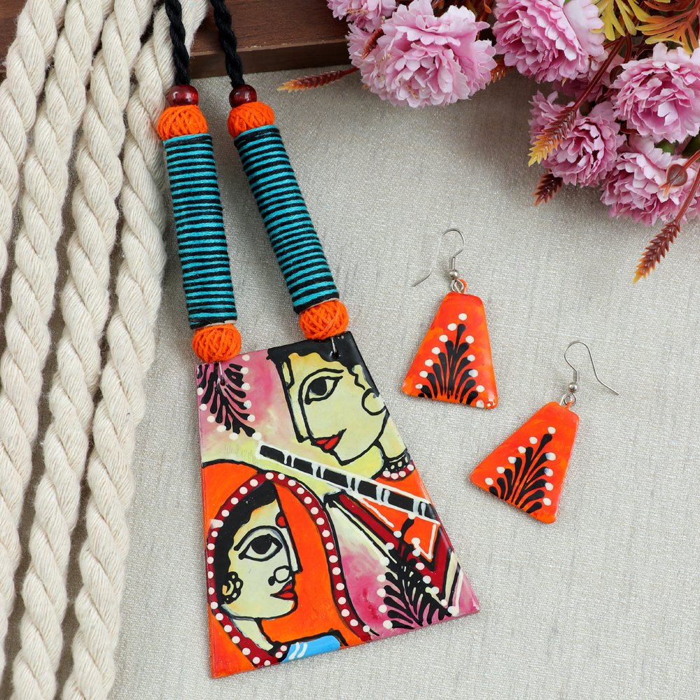 Hand-Painted Shri Ram Sita Terracotta Fabric Jewellery Set image 2