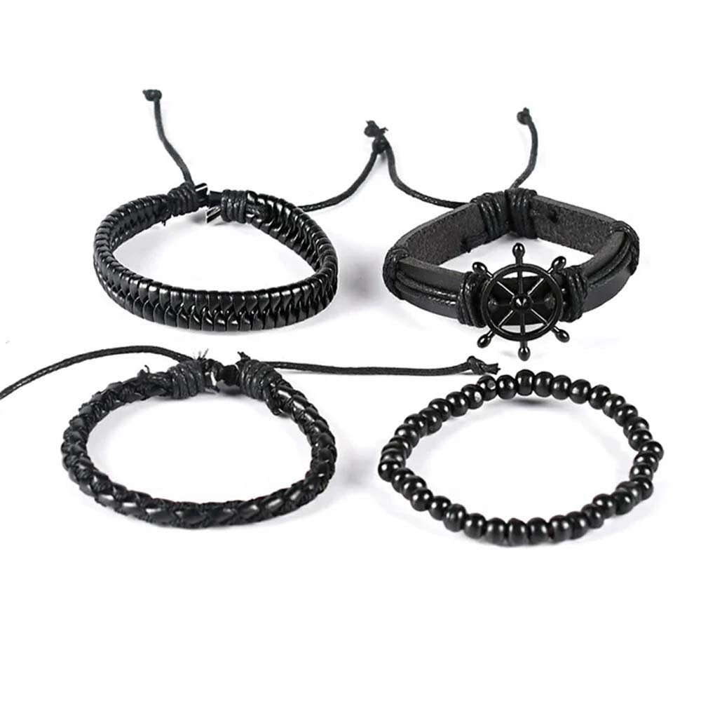 Men's Multi-String Black Beaded Wrap Bracelet with Wheel Design image 3