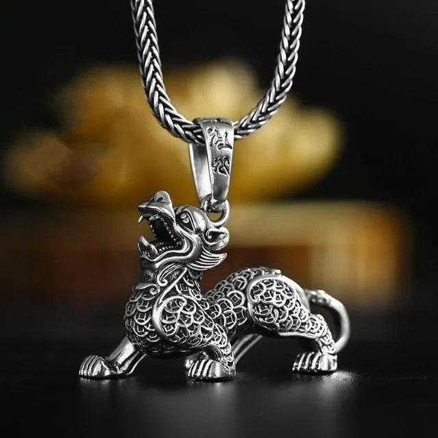 Oxidized Silver Dragon Pendant Chain Necklace image 0