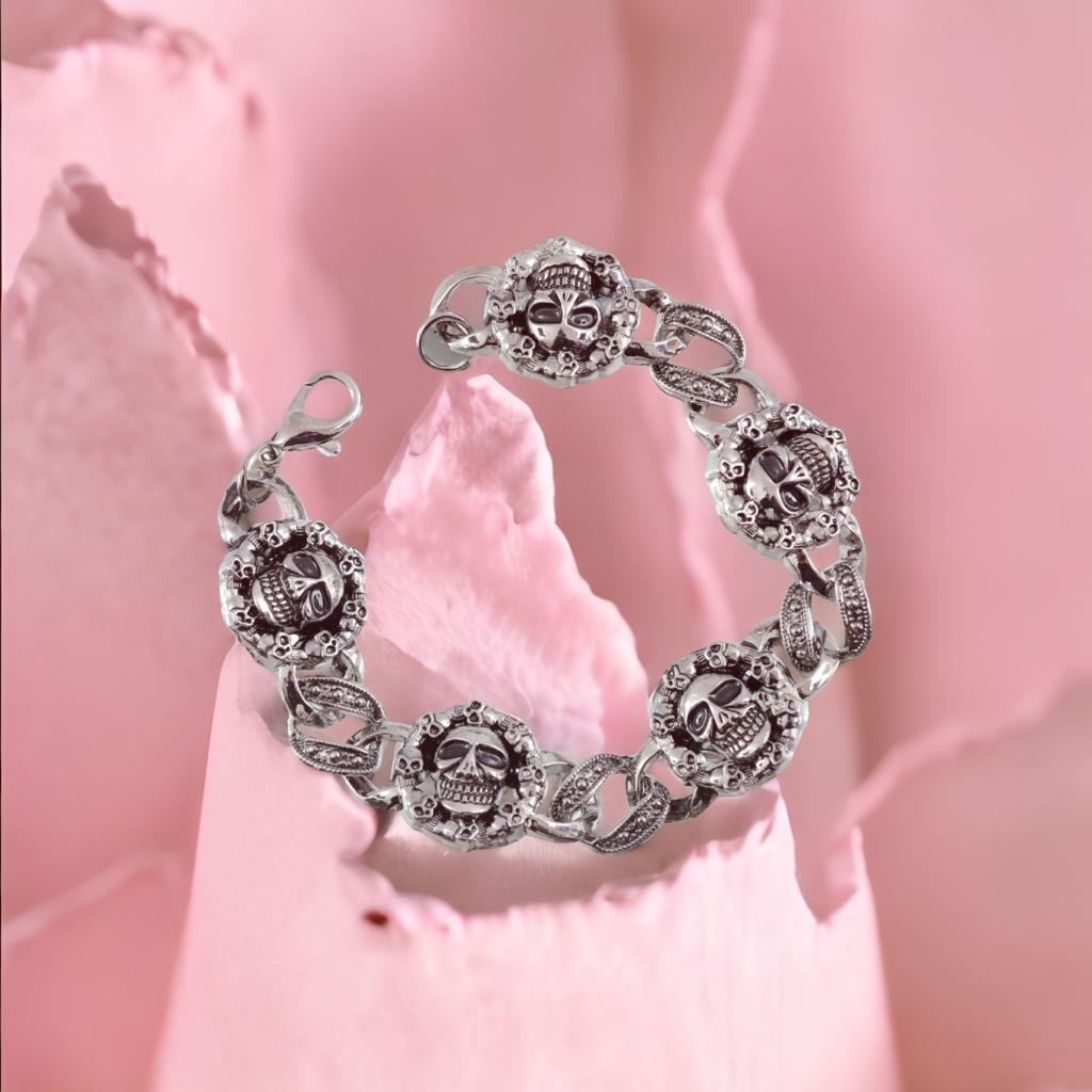 Men's Stainless Steel Silver Color Punk Skull Charms Bracelet image 5