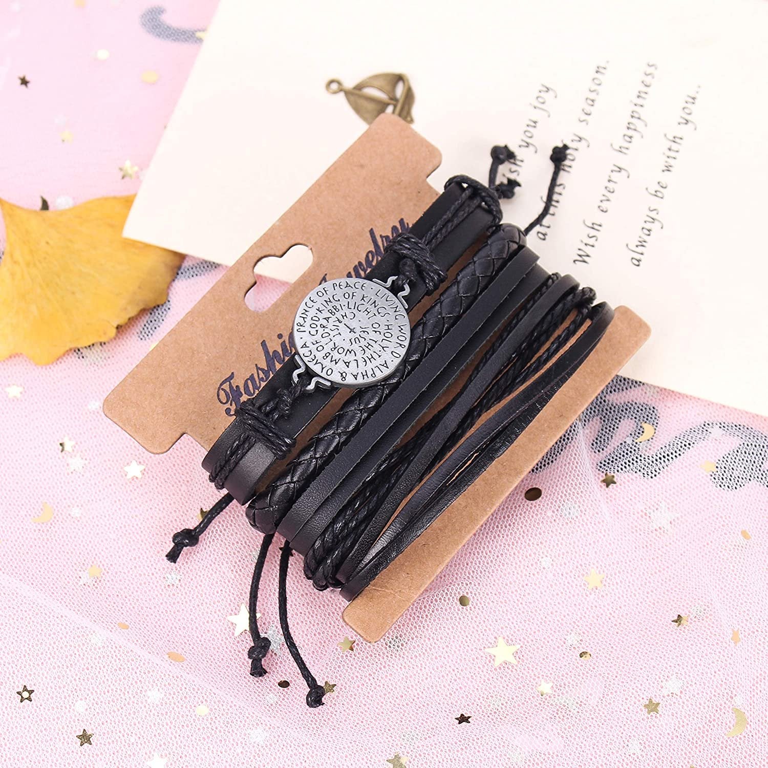 Oxidised Silver Black Leather Bracelets for Men - Set of 4 image 0