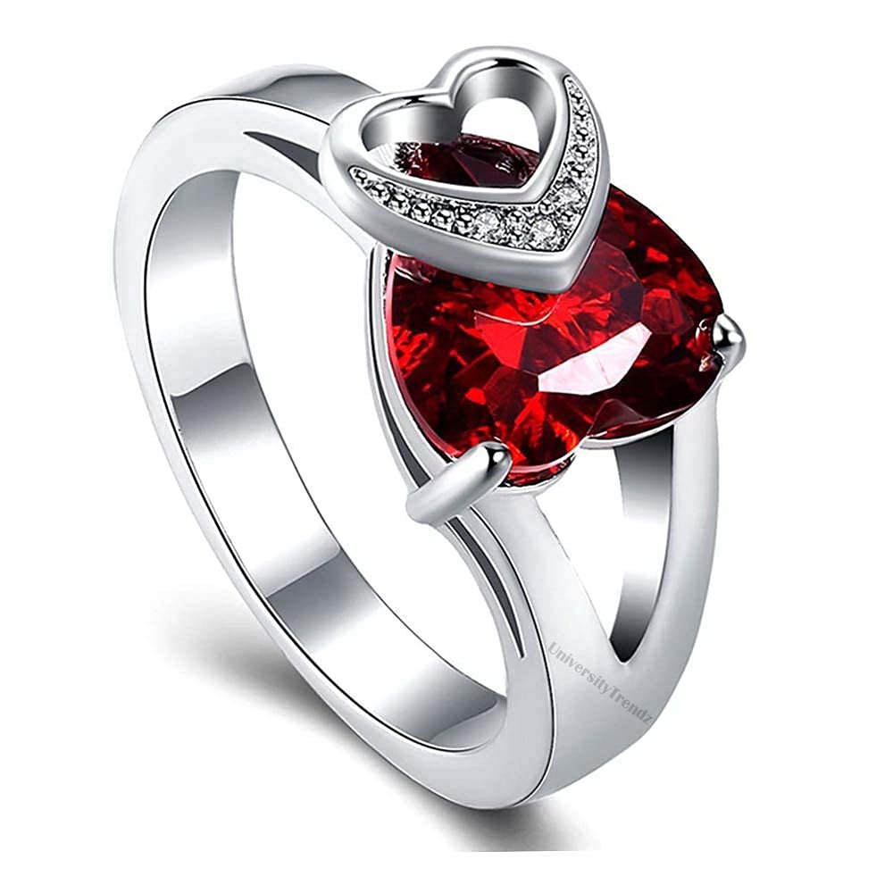 Silver-Plated Red Heart Crystal Studded Finger Ring image 3