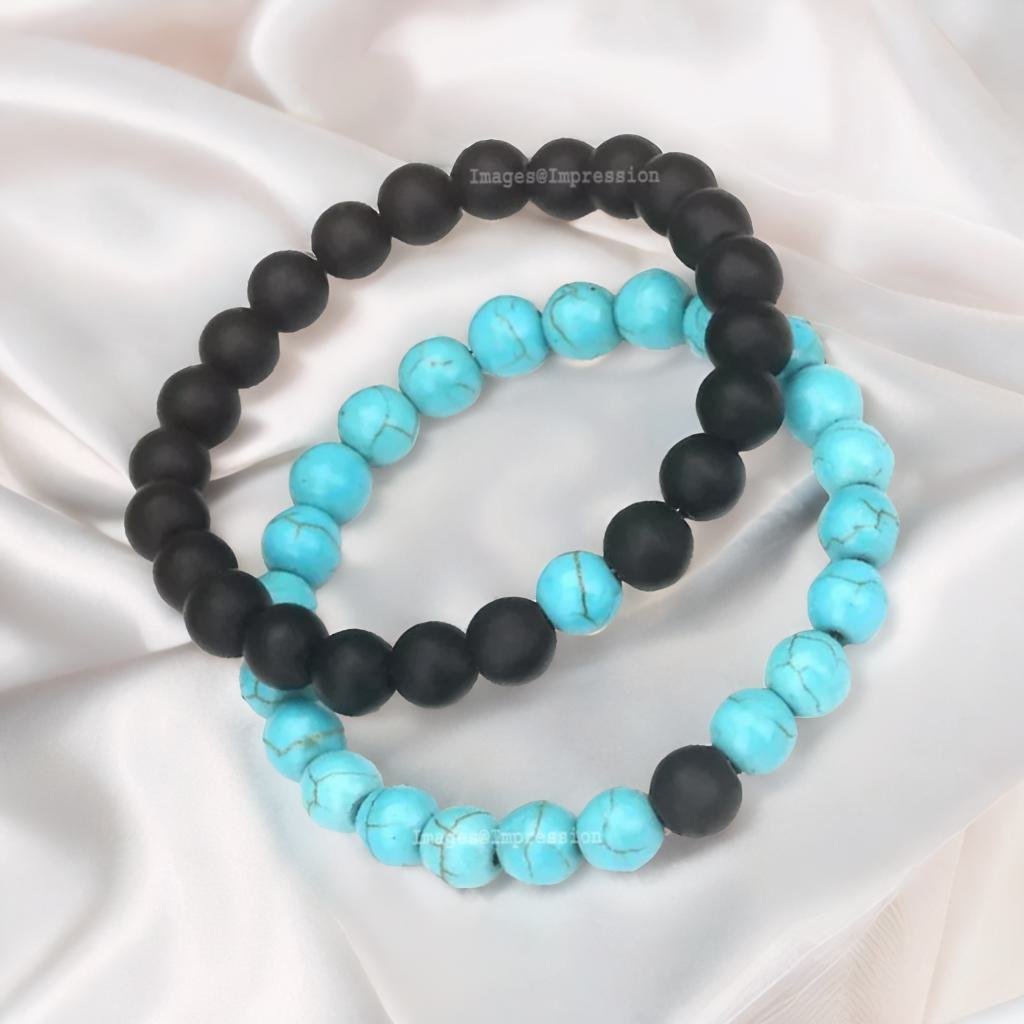 Onyx Turquoise Blue-Black Beads Stretch Bracelet image 0