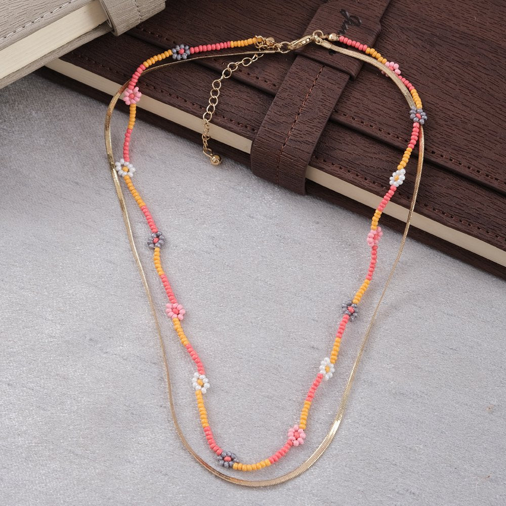 Gold-Plated Chain Pink/Yellow Pearl Beaded Layered Necklace image 1