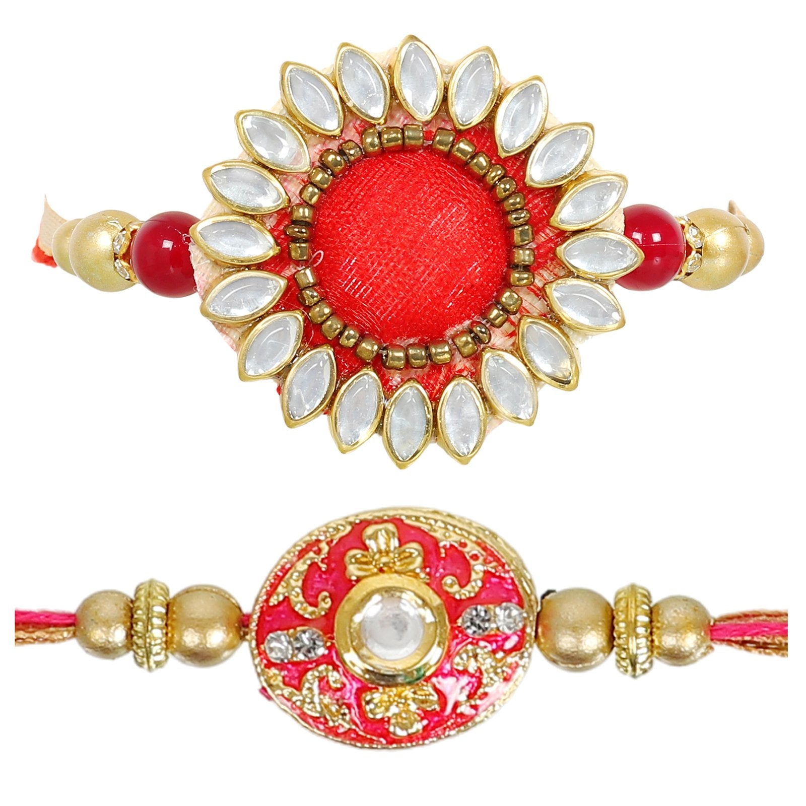 Set Of 2 Kundan Handcrafted Traditonal Rakhi Combo Set For Brother image 2