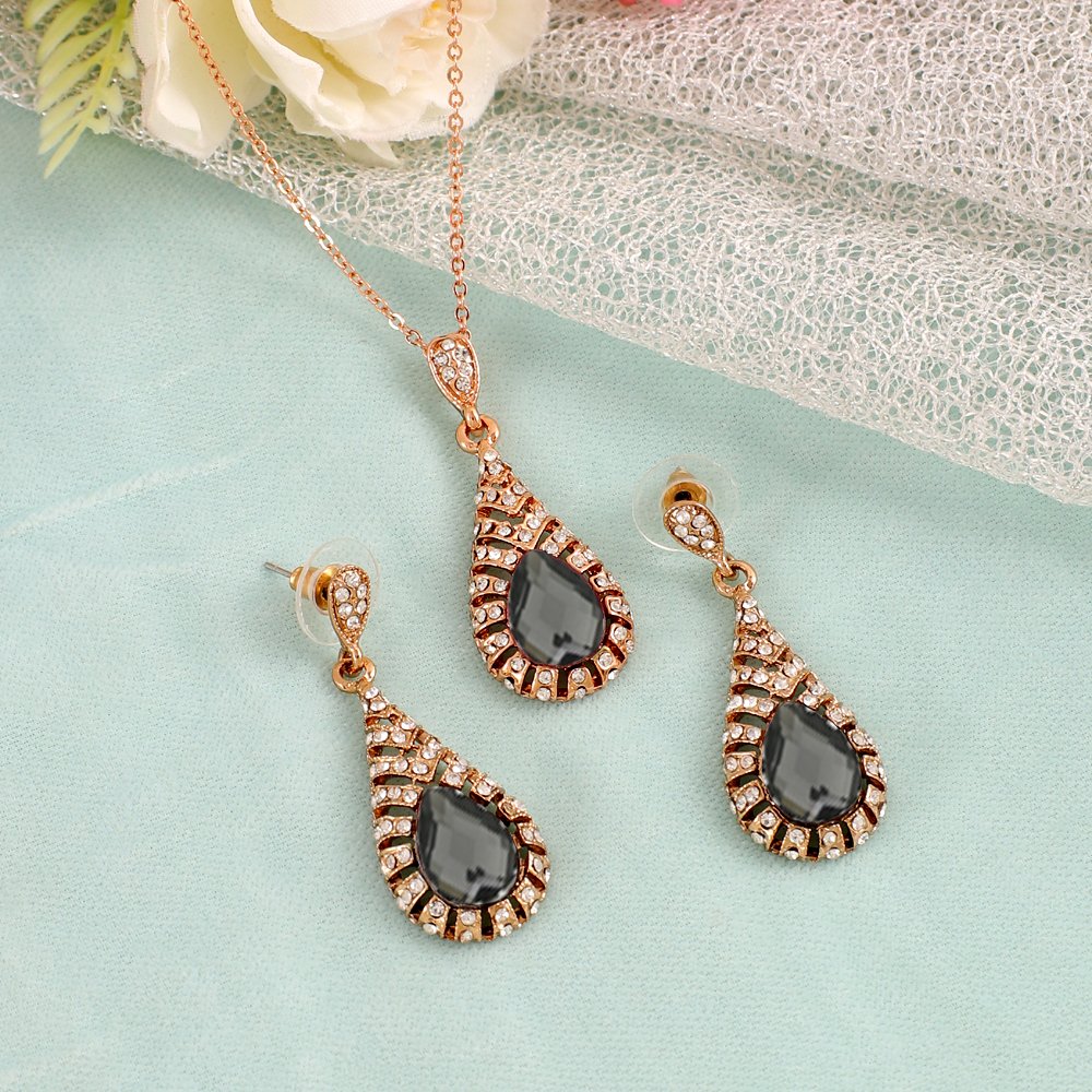 Gold-Plated Grey Crystal Retro Drop Necklace & Earring (Jewellery Set) image 2