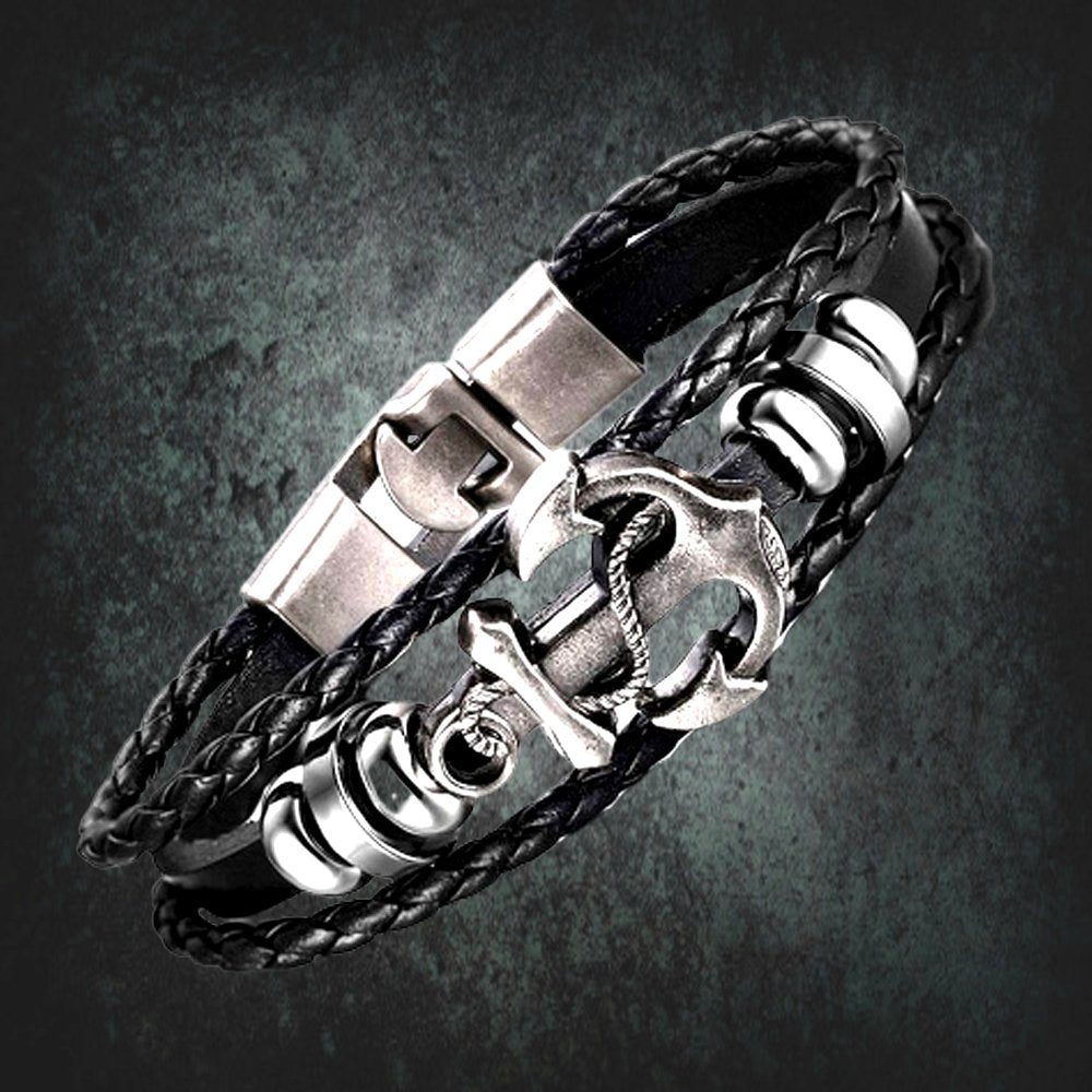 Oxidised Silver Anchor Black Adjustable Wrist Bracelet for Men image 0