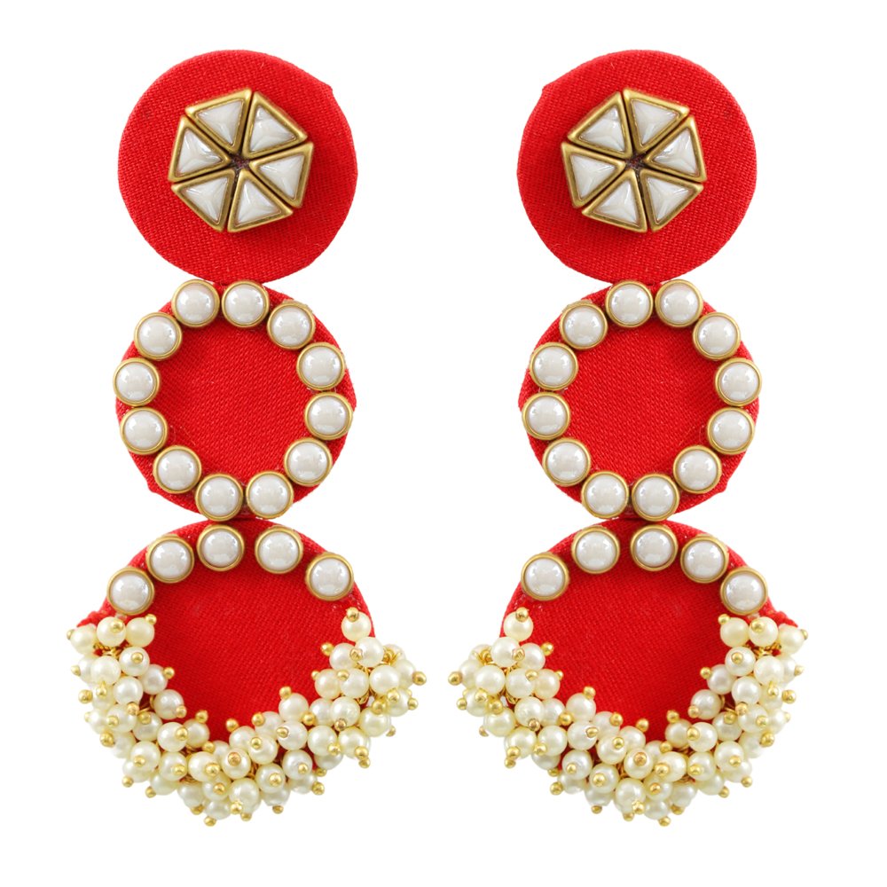 Red Fabric Triple Layered Pearl Dangle Earrings image 3