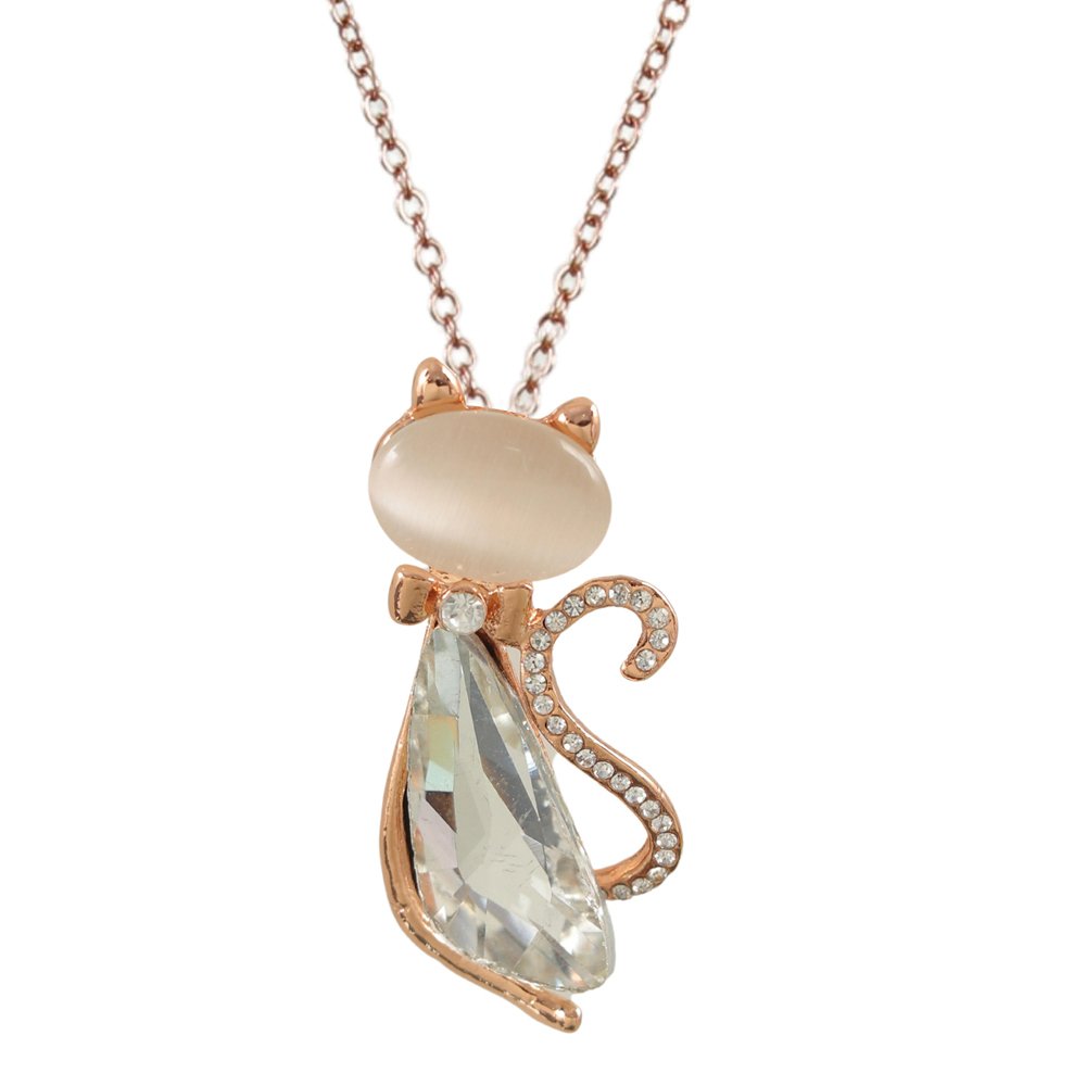 Gold-Plated Cat Style White Crystal Studded Pendant Necklace image 1