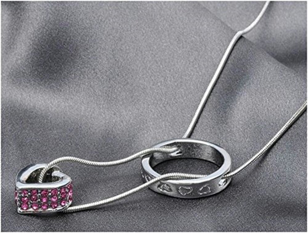 Pink Crystal Heart Circle Silver-Plated Pendant Chain Necklace image 0