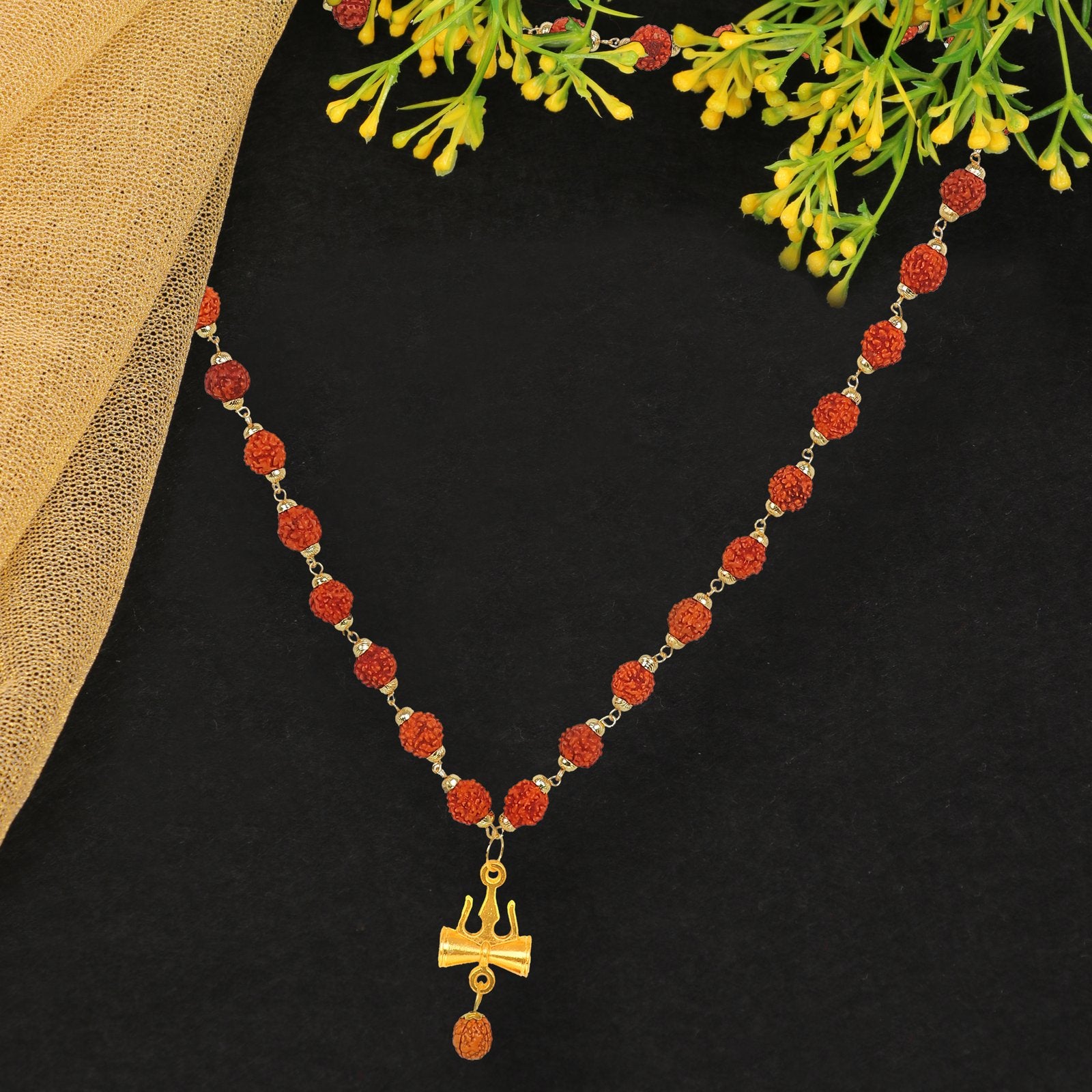 Men's Gold-Plated Rudraksh Trishul Pendant Necklace & Rudraksh Bracelet Golden Ring Combo Set image 4