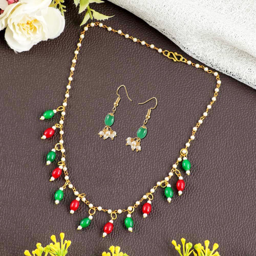 Gold-Plated Red & Green Pearl Beads Chain Jewellery Set image 0