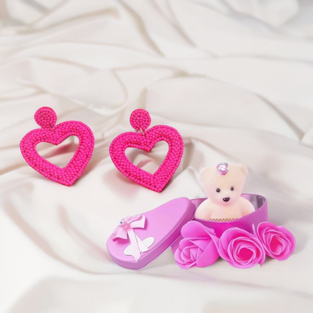 Handmade Pink Heart Earrings & Soft Pink Teddy Bear Combo Set image 0