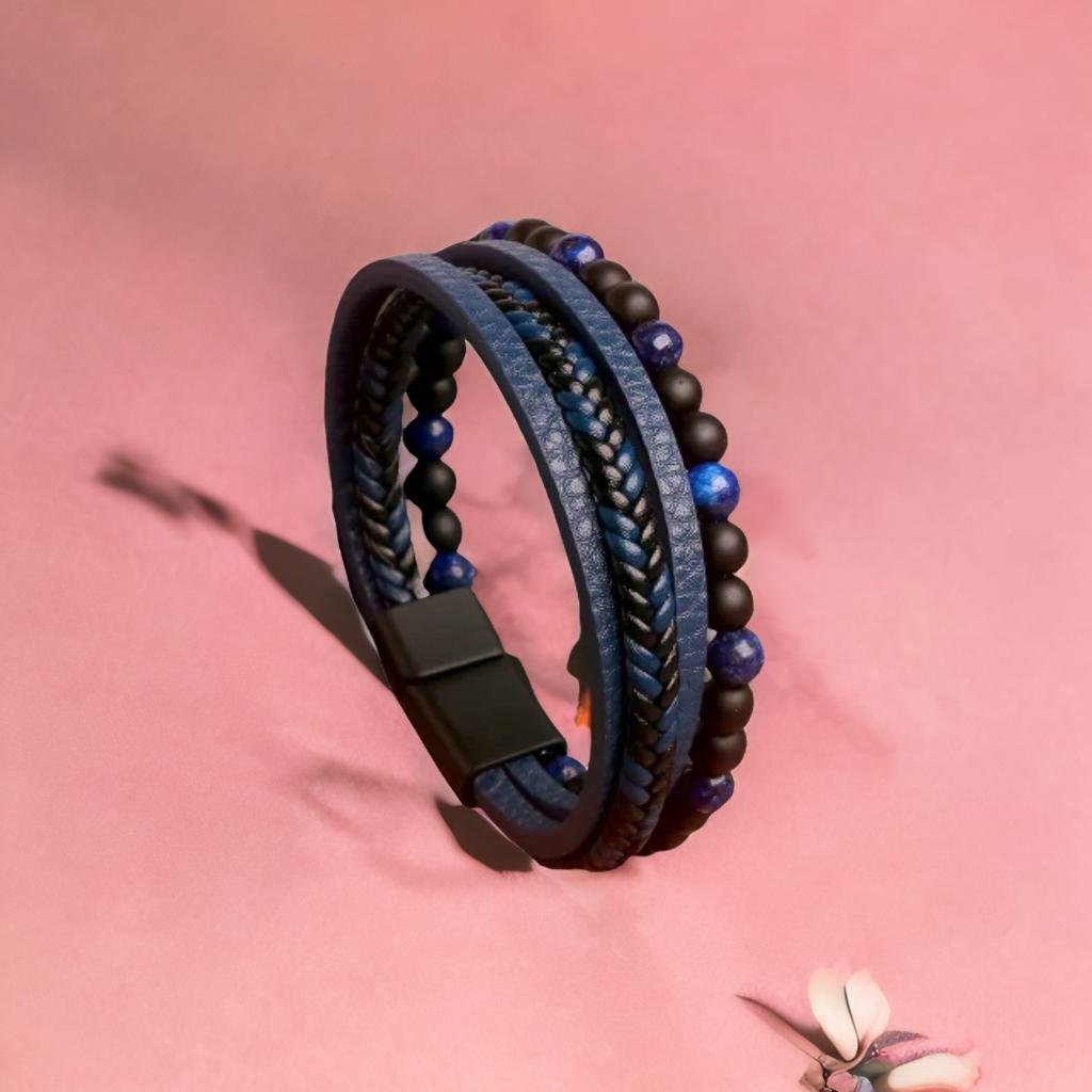 Bold Blue Leather Bracelet Black Beads for Men image 0