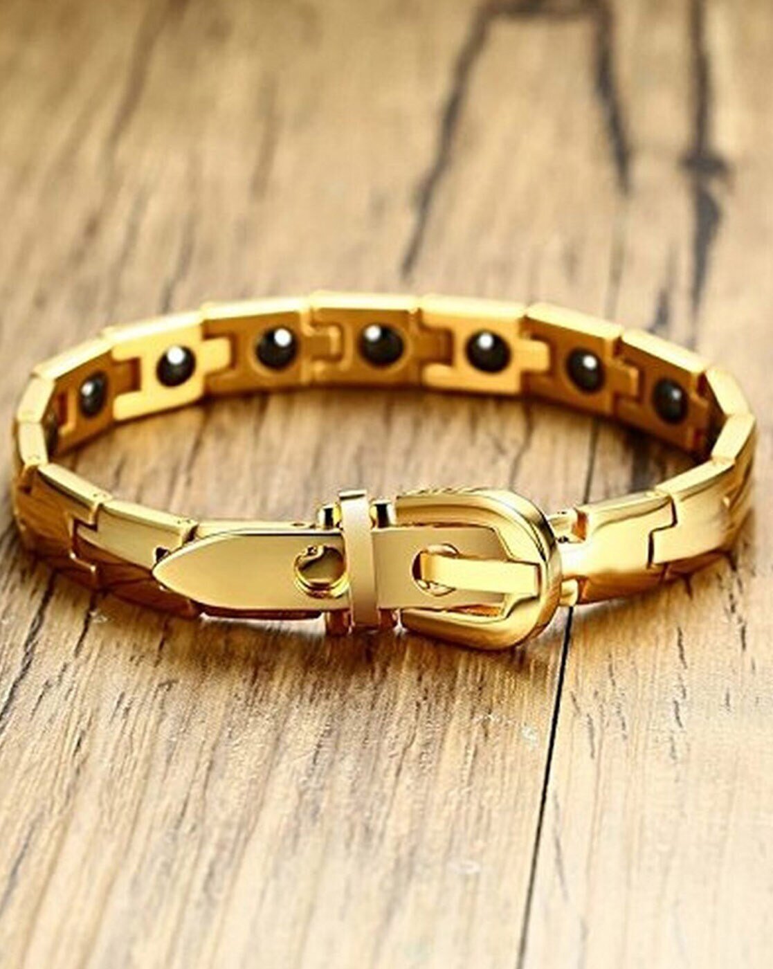 Gold Plated Belt Chain Bio Bracelet with Adjustable Strap image 0