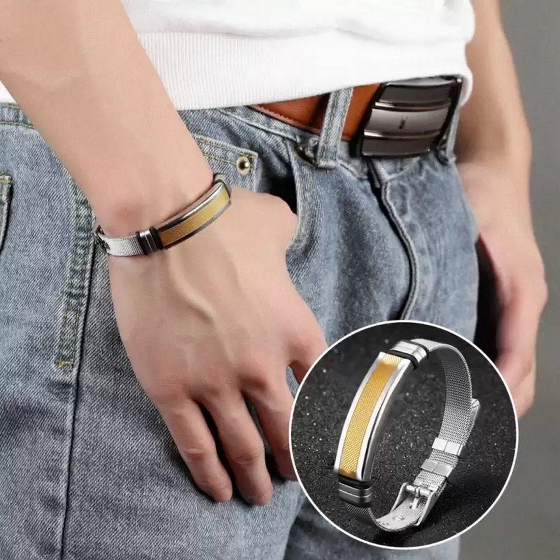 Men's Gold Silver-Plated Watch Stripe Wrist Band Bracelet image 1