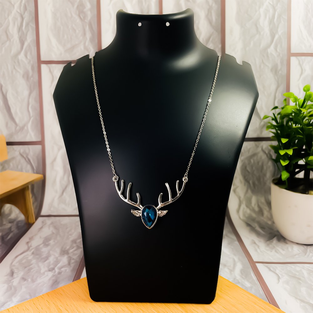 Blue Crystal Studded Silver-Plated Deer Pendant Necklace image 2