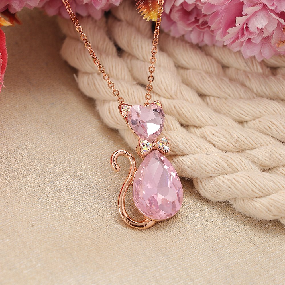Gold-Plated Light Pink Crystal Cat Pendant Necklace image 0
