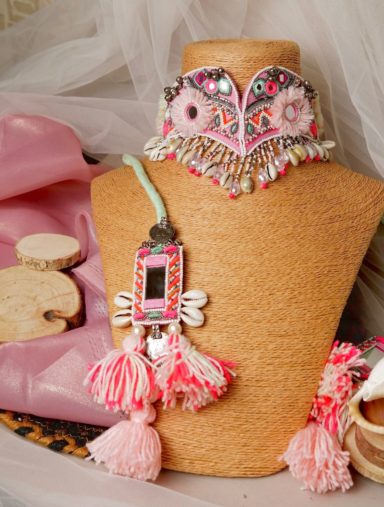 Pink Handcrafted Boho Mirrorwork Choker Necklace image 1